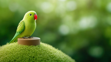 A green bird sitting on top of a grassy mound, AIの素材