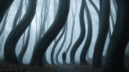 A man standing in the middle of a forest with trees all around him, AIの素材