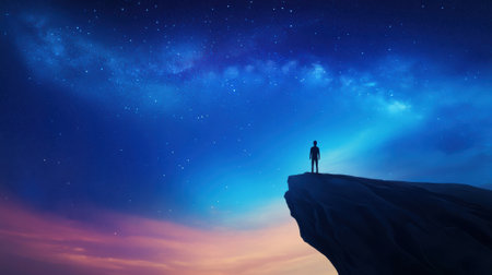 A person standing on a cliff looking at the stars, AIの素材