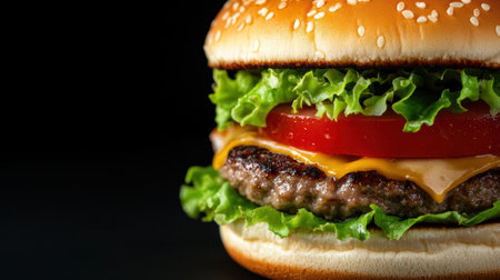 A close up of a hamburger with cheese, lettuce and tomatoes, AIの素材