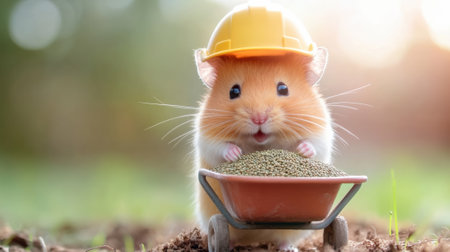A hamster wearing a hard hat and carrying grain in its wheelbarrow, AIの素材