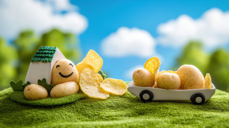 A small house made of potatoes and a boat with chips, AIの素材