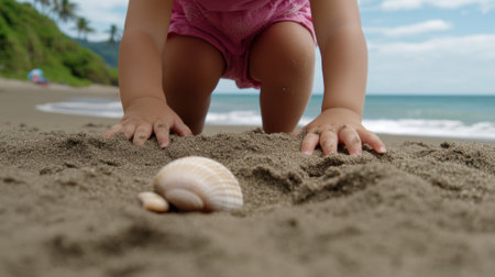 A little girl in pink dress digging into the sand at a beach, AIの素材