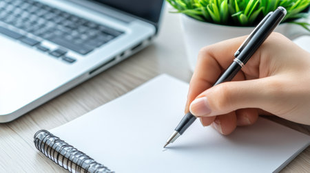 A person writing on a notebook with pen and laptop, AIの素材