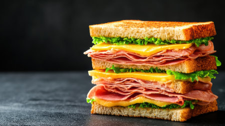A close up of a sandwich with ham, cheese and lettuce, AIの素材