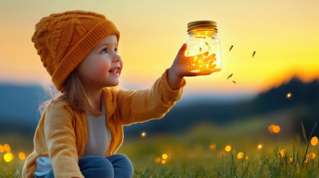 A little girl holding a jar with fireflies inside of it, AIの素材