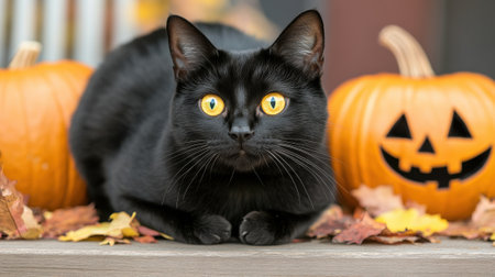 A black cat with yellow eyes sitting on a table next to pumpkins, AIの素材