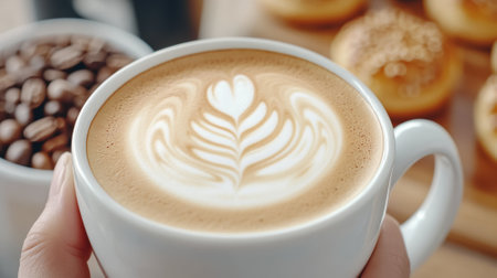 A person holding a cup of coffee with whipped cream on top, AIの素材