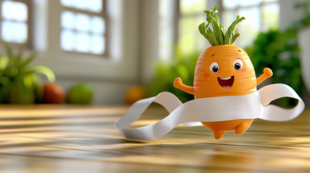 A carrot with a smile and eyes is holding up the ribbon, AIの素材