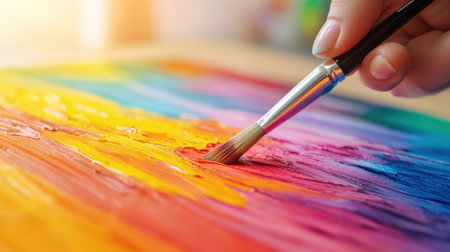 A person painting a colorful rainbow with a brush, AIの素材
