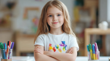 A little girl with arms crossed sitting in front of a table, AIの素材
