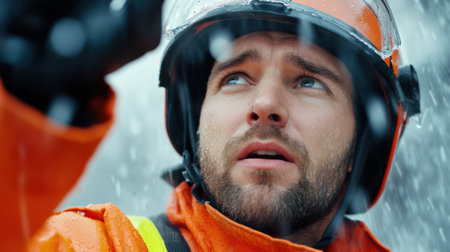 A man wearing an orange jacket and helmet in the snow, AIの素材