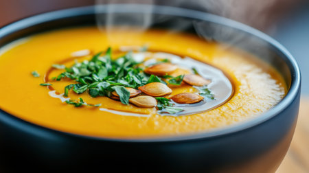 A bowl of a soup with nuts and herbs in it, AIの素材