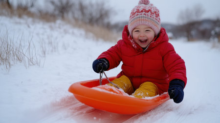A young child in a red coat riding on an orange sled, AIの素材