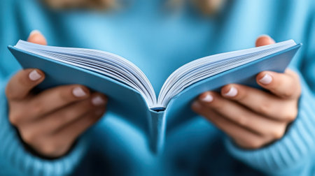A woman in blue sweater holding a book open with both hands, AIの素材