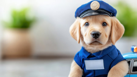A puppy in a police uniform sitting on the hood of a car, AIの素材
