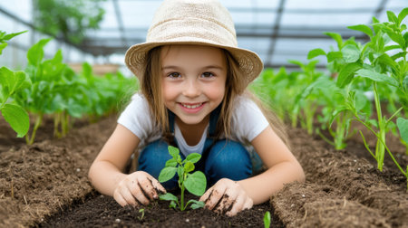 A young girl smiling while kneeling in a garden with plants, AIの素材