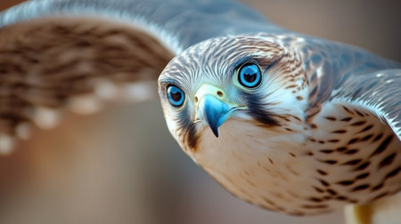A close up of a bird with blue eyes flying in the air, AIの素材