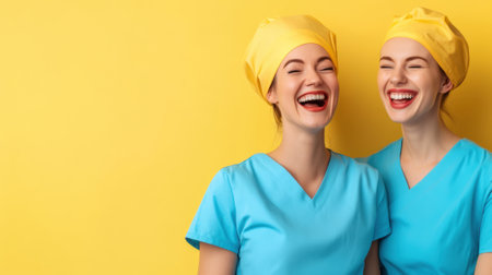 Two women in scrub caps laughing together against a yellow background, AIの素材