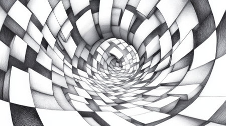 A black and white drawing of a spiral tunnel, AIの素材