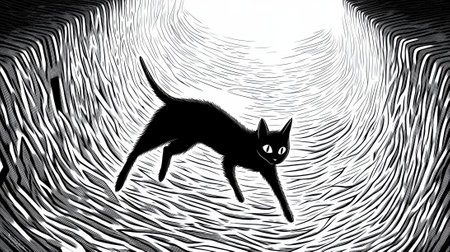 A black cat walking through a tunnel with an eye on the end, AIの素材
