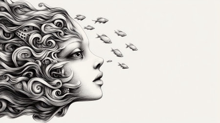 A drawing of a woman with long hair and fish swimming around her head, AIの素材