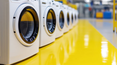 A row of washing machines lined up on a yellow floor, AIの素材