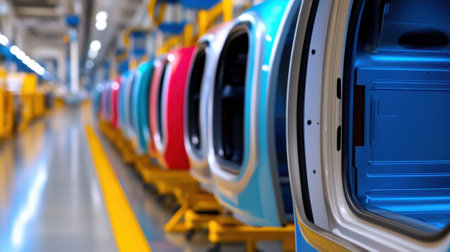 A row of cars lined up in a factory with windows open, AIの素材