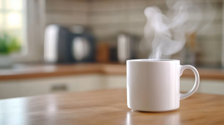 Steaming Mug of Coffee on Wooden Kitchen Counter in Cozy Home Setting, AIの素材