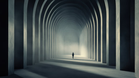Solitary Figure Walking Through an Endless Arched Corridor in Monochrome, AIの素材