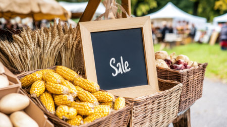 Farmers Market Sale Display with Fresh Produce and Rustic Sign, AIの素材