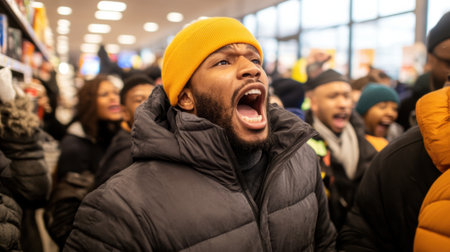 Protestor Shouting in a Crowded Store Aisle During Demonstration, AIの素材