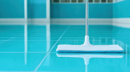 Cleaning Mop on Shiny Blue Tiled Floor in Modern Interior Setting, AIの素材