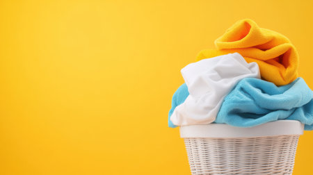 Basket of Colorful Towels Against a Bright Yellow Background, AIの素材