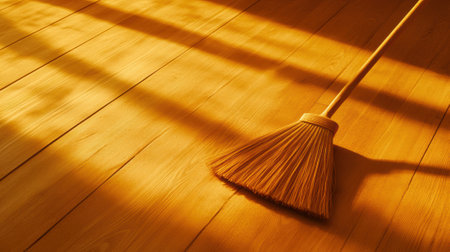 Broom on Sunlit Wooden Floor Creating Warm and Inviting Atmosphere in Home Interior, AIの素材