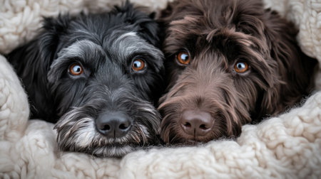 Two Adorable Dogs Snuggled in a Cozy Blanket Displaying Affectionate Expressions, AIの素材