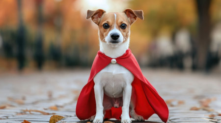 Dog in Red Cape Sitting on Cobblestone Path with Autumn Leaves in Background, AIの素材