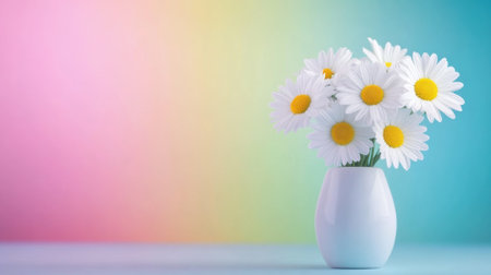 White Daisies in a Vase Against a Vibrant Gradient Background, AIの素材