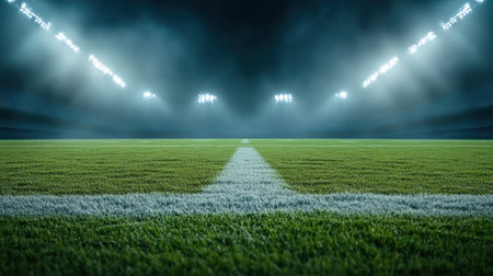 Football Stadium at Night with Illuminated Field and Foggy Atmosphere, AIの素材
