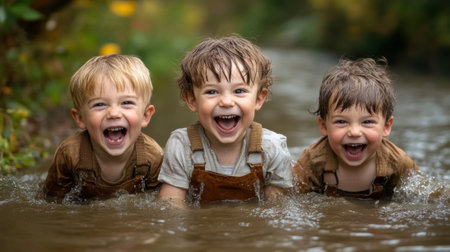 Three Joyful Children Playing in a Stream on a Sunny Day, AIの素材
