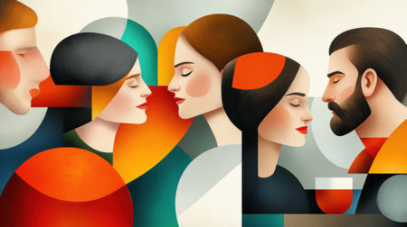 Abstract Art of Diverse Faces in Geometric Shapes and Bold Colors, AIの素材