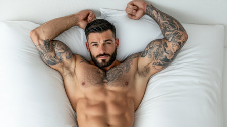 Muscular Tattooed Man Relaxing on Bed, AIの素材