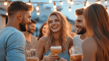 Outdoor Evening Gathering with Friends Enjoying Drinks Under String Lights, AIの素材