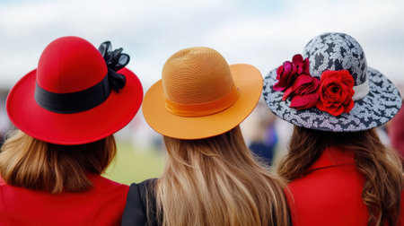 Three Women Wearing Colorful Hats at an Outdoor Event, AIの素材