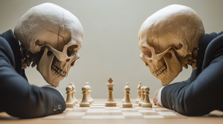 Two Skeletons in Suits Engaged in an Intense Chess Match, AIの素材