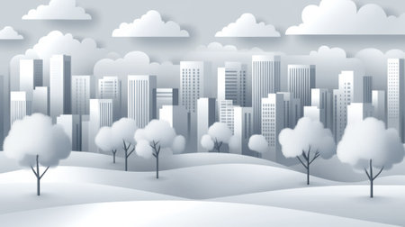 Urban Winter Wonderland in Monochrome with Stylized Cityscape and Trees, AIの素材