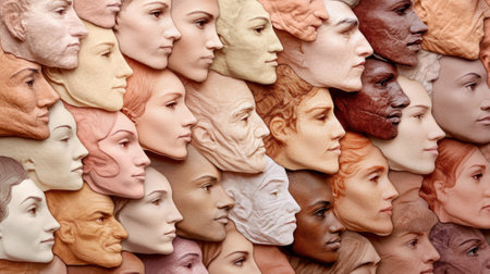 Diverse Faces in Artistic Relief Sculpture Displaying Unity and Variety, AIの素材