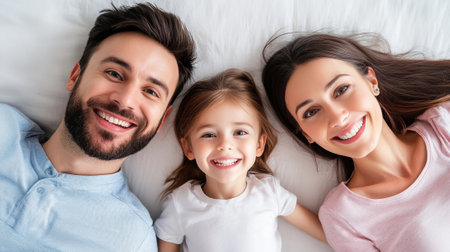 Family Smiling Together While Lying on a Bed in a Bright and Cozy Setting, AIの素材