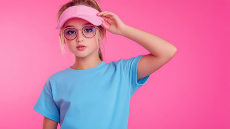 Young Girl in Blue T-Shirt and Pink Visor Against a Vibrant Pink Background, AIの素材