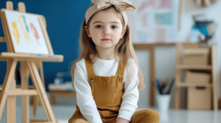 Young Girl in Art Studio with Easel and Paintings in Background, AIの素材